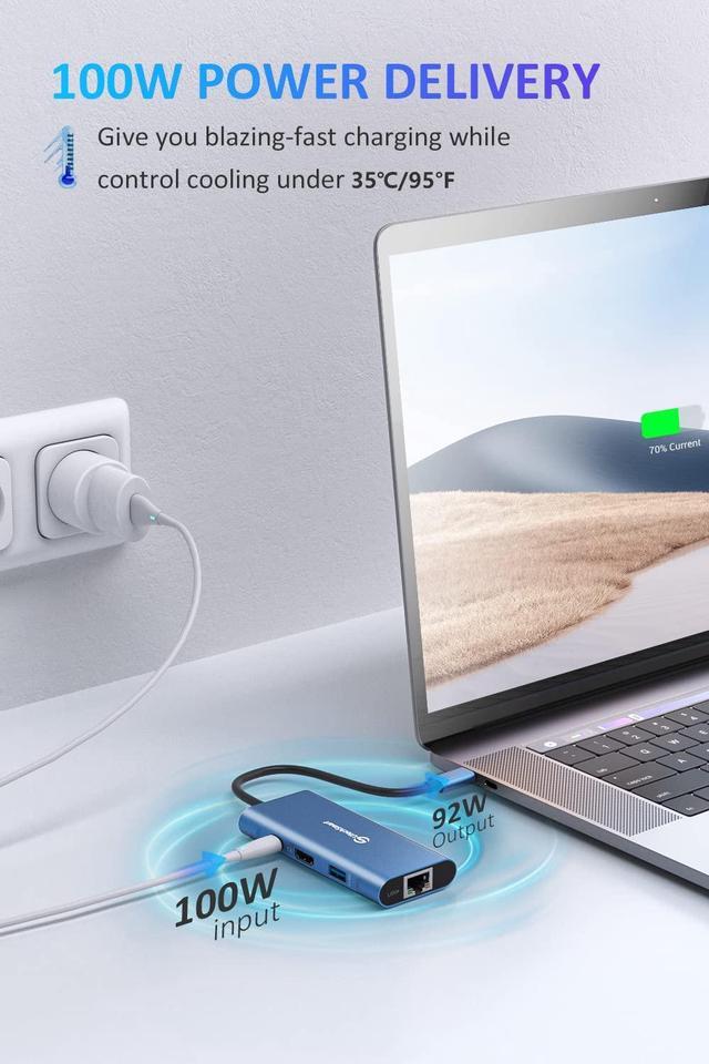 Alt view image 3 of 5 - UtechSmart USB C Hub, Ethernet Multiport Adapter 6 in 1 USB C to HDMI Dock Compatible for MacBook Pro/Air, Chromebook, Dell XPS, HP and Type C Devices (Gigabit Ethernet 100W PD 4K HDMI USB 3.0) Blue