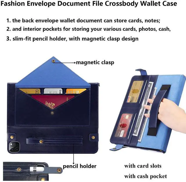 Alt view image 3 of 5 - UUcovers Crossbody Handbag Case for iPad Air 13 inch M3/M2 (2025/2024) with Pencil Holder/Shoulder Strap/Hand Strap/Pockets,Folio Stand PU Leather Carrying Bag Magnetic Wallet Envelope Cover, Blue