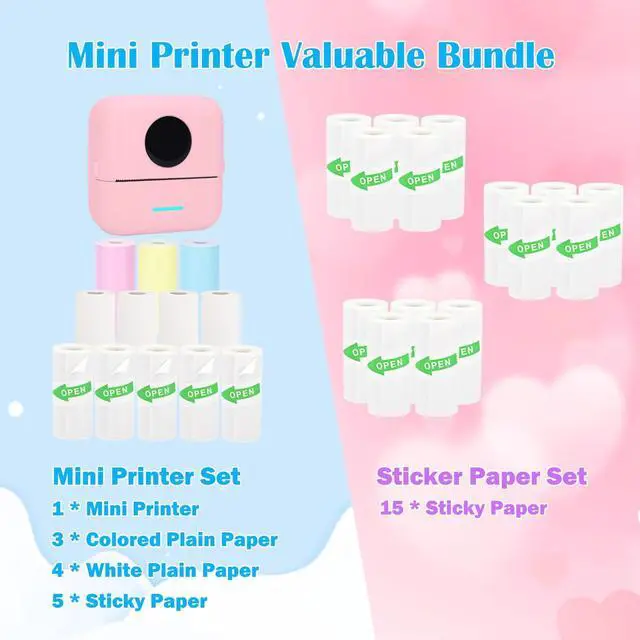 Alt view image 2 of 5 - Vicbear Mini Portable Printer Set with 12 Rolls Printing Paper + 15 Rolls Thermal Sticker Paper Set, Pink