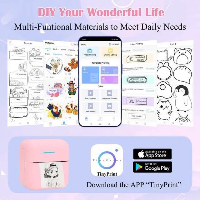 Alt view image 3 of 5 - Vicbear Mini Portable Printer Set with 12 Rolls Printing Paper + 15 Rolls Thermal Sticker Paper Set, Pink