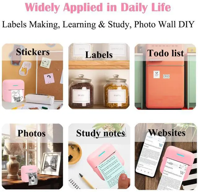 Alt view image 4 of 5 - Vicbear Mini Portable Printer Set with 12 Rolls Printing Paper + 15 Rolls Thermal Sticker Paper Set, Pink