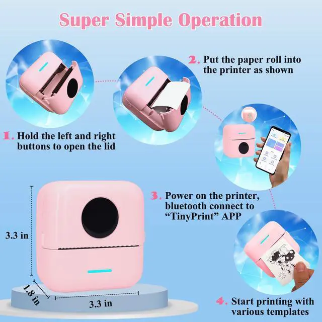 Alt view image 5 of 5 - Vicbear Mini Portable Printer Set with 12 Rolls Printing Paper + 15 Rolls Thermal Sticker Paper Set, Pink