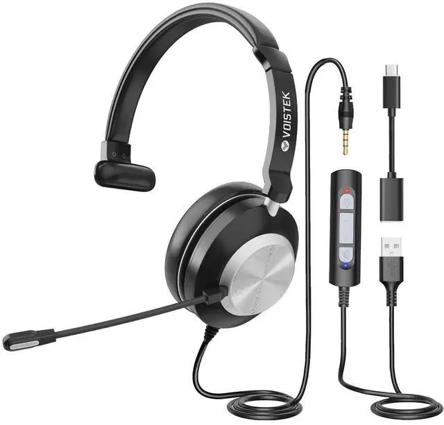 Main image of Voistek USB Headset with Microphone for PC/Laptop, Computer Headphones (One Ear) Wired Work Headset with Noise Cancelling Mic & Volume Controls for Call Center,Office,Team Meetings,Zoom