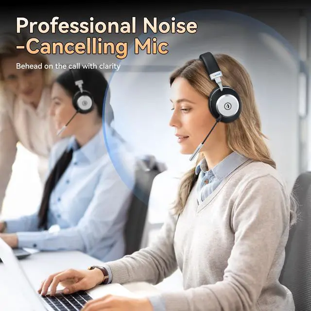 Alt view image 2 of 5 - Wireless Headset with Mic for Work, Bluetooth Headset with Microphone (AI Noise Cancelling), 60 Hours Woktime Wireless Headphone for Work from Home/Call Center/Office/PC/Laptop/Computer/Zoom/Teams
