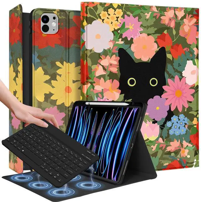 Main image of Wazzasoft for iPad Pro 13 inch Case with Keyboard M4 - Pencil Holder Folio Women Girls Cute Kawaii Strawberry Unique Design for Apple Tablet Cover Pro 13 2024, Cat Flower