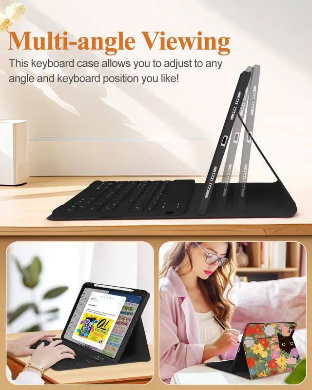 Alt view image 5 of 5 - Wazzasoft for iPad Pro 13 inch Case with Keyboard M4 - Pencil Holder Folio Women Girls Cute Kawaii Strawberry Unique Design for Apple Tablet Cover Pro 13 2024, Cat Flower