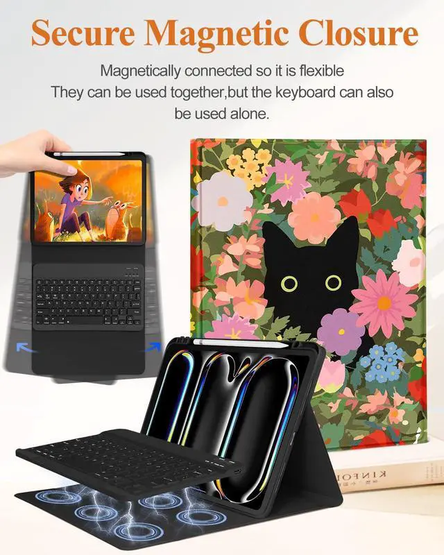 Alt view image 4 of 5 - Wazzasoft for iPad Pro 13 inch Case with Keyboard M4 - Pencil Holder Folio Women Girls Cute Kawaii Strawberry Unique Design for Apple Tablet Cover Pro 13 2024, Cat Flower
