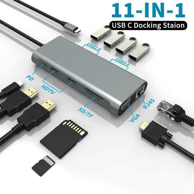 Alt view image 2 of 5 - USB C Hub 11 in 1 Docking Station with HDMI, SD/TF, USB 2.0, USB 3.0,VGA, RJ45 Ethernet Ports,100W PD, Triple Display or Dual Monitor with 2 HDMI +VGA,for Dell HP Lenovo Surface MacBook Laptop