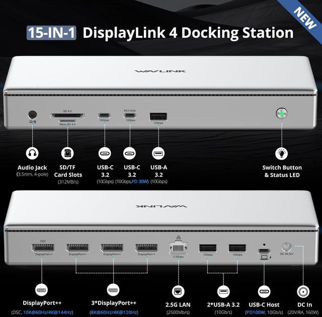 Alt view image 2 of 5 - WAVLINK USB C DisplayLink (DL7400) Premium Docking Station with 4X DisplayPort, Dual 8K@60Hz,Quad 4K@60Hz for Windows 10/11 and Mac M1/M2/M3,100W PD Charging to Host, 2.5G Ethernet,USB C, SD4.0