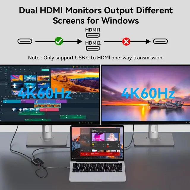 Alt view image 5 of 5 - XPTSFDU 4K60Hz USB C to Dual HDMI Adapter for Dual Monitors Thunderbolt 3/4 to Dual HDMI Splitter 1 in 2 Out Extended Display for Windows Only
