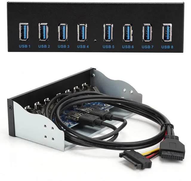 Alt view image 3 of 5 - Yctze USB 3.0 Front Panel with 8 Ports Hub and 19PIN Optical Drive Extension Adapter for PC Computer, 5.25 Internal Front USB 3.2 Hub