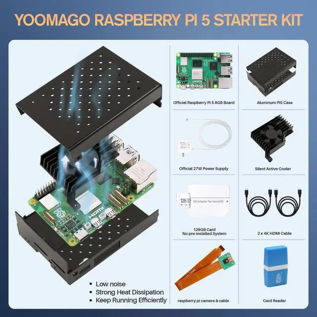 Alt view image 2 of 5 - YOOMAGO Raspberry Pi 5 Starter Kit with Pi 5 8GB RAM Board, 27W USB-C Power Supply, 128GB Card, Aluminum Case