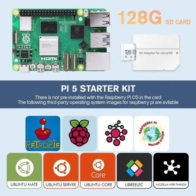 Alt view image 4 of 5 - YOOMAGO Raspberry Pi 5 Starter Kit with Pi 5 8GB RAM Board, 27W USB-C Power Supply, 128GB Card, Aluminum Case