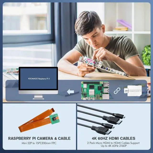 Alt view image 3 of 5 - YOOMAGO Raspberry Pi 5 Starter Kit with Pi 5 8GB RAM Board, 27W USB-C Power Supply, 128GB Card, Aluminum Case