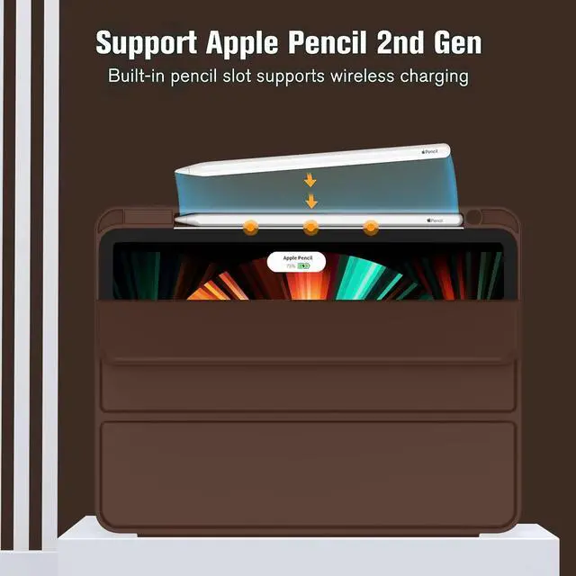 Alt view image 2 of 5 - ZryXal New iPad Pro 12.9 Inch Case 2022/2021/2020(6th/5th/4th Gen) with Pencil Holder,Smart iPad Case [Support Touch ID and Auto Wake/Sleep] with Auto 2nd Gen Pencil Charging (Chocolate)