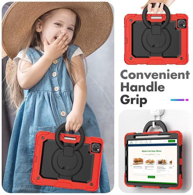 Alt view image 4 of 5 - Timecity for iPad Air 5th/ 4th Generation Case 10.9 inch (for iPad Air 5/4 Case): with Strong Protection, Screen Protector, Handle, Shoulder Strap, 360° Rotating Stand, Pencil Holder - Red