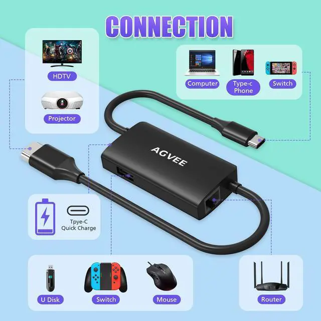 Alt view image 4 of 5 - AGVEE Upgraded USB-C to Gigabit RJ45 Ethernet LAN Network Multiport Adapter, Type-C to 4K HDMI Adapter, Portable Replacement Switch OLED Dock Station, for Nintendo Switch OLED, Black