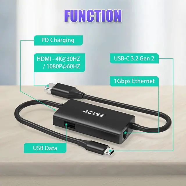 Alt view image 3 of 5 - AGVEE Upgraded USB-C to Gigabit RJ45 Ethernet LAN Network Multiport Adapter, Type-C to 4K HDMI Adapter, Portable Replacement Switch OLED Dock Station, for Nintendo Switch OLED, Black