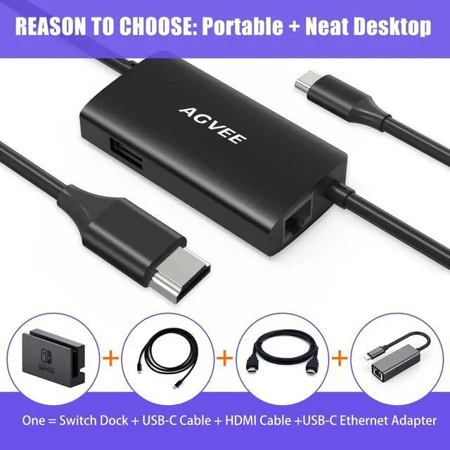 Alt view image 2 of 5 - AGVEE Upgraded USB-C to Gigabit RJ45 Ethernet LAN Network Multiport Adapter, Type-C to 4K HDMI Adapter, Portable Replacement Switch OLED Dock Station, for Nintendo Switch OLED, Black
