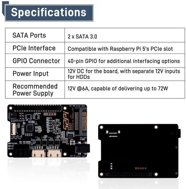 Alt view image 4 of 5 - GeeekPi S021 SATA 3.0x2 for Raspberry Pi 5, with Active Cooler and 12V 6A Power Supply