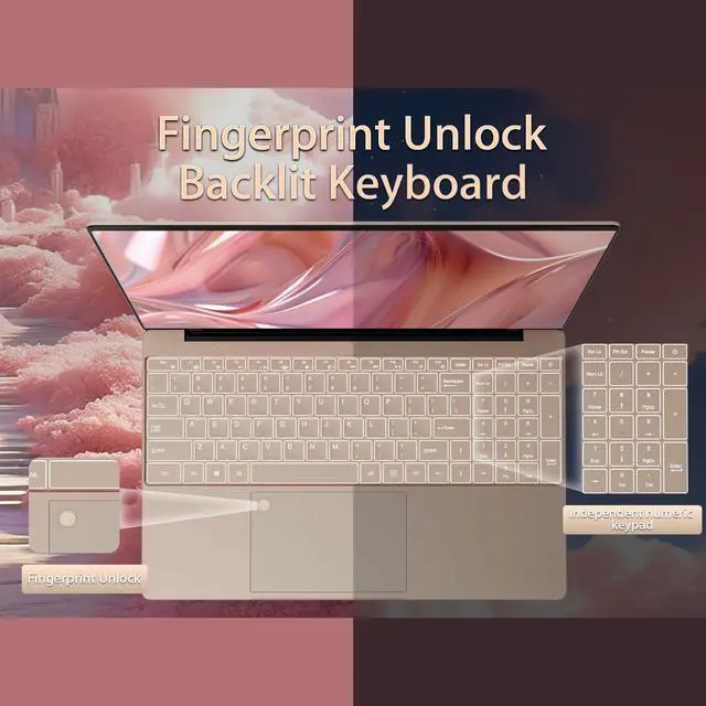 Alt view image 3 of 5 - KurieTim 15.6" Laptop Computer with 32GB DDR4 RAM 512GB SSD, Quad-Core Intel_N95 CPU(up to 3.4GHz) Dual Band WiFi, USB3.0x2, Backlight Keyboard, Fingerprint Unlock(Rose Gold, 32GB | 512GB)