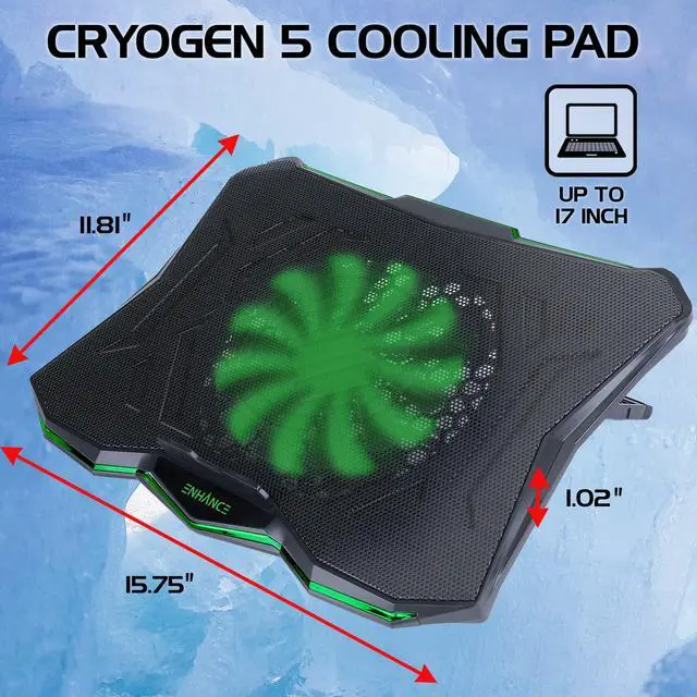 Alt view image 2 of 5 - ENHANCE Cryogen 5 Gaming Laptop Cooling Pad Stand - Laptop Cooler with 7 Adjustable Height Settings & Dual USB Ports up to 17 inches - 1 Ultra Quiet High Performance LED Fan 800 RPM - Green