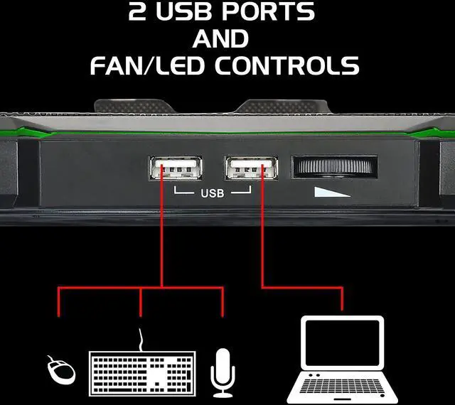 Alt view image 4 of 5 - ENHANCE Cryogen 5 Gaming Laptop Cooling Pad Stand - Laptop Cooler with 7 Adjustable Height Settings & Dual USB Ports up to 17 inches - 1 Ultra Quiet High Performance LED Fan 800 RPM - Green