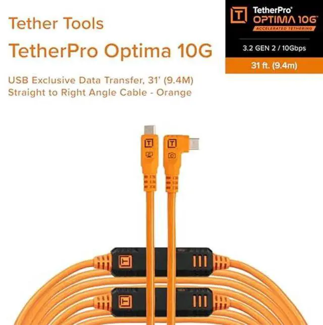 Alt view image 2 of 5 - Tether Tools TetherPro Optima 10G USB Exclusive Data Transfer, 31 (9.4M) Straight to Right Angle Cable - Orange