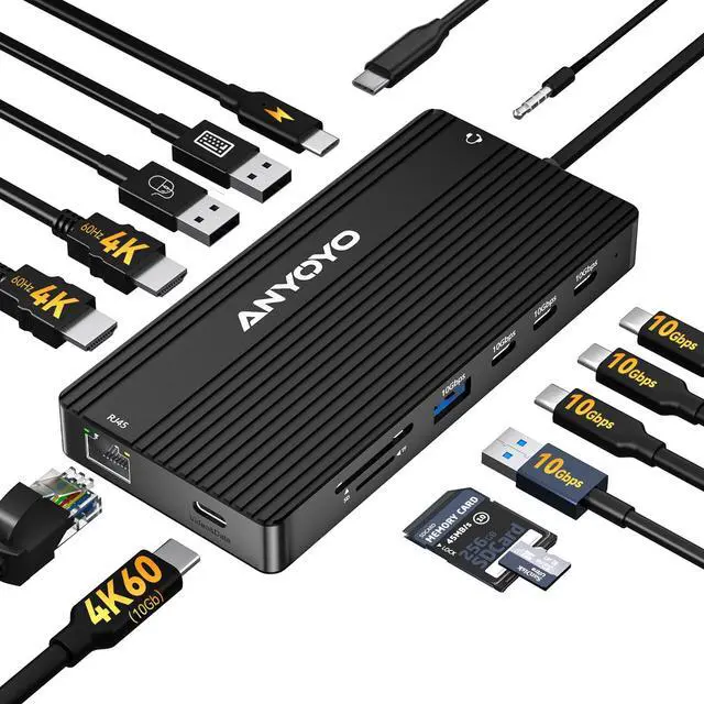 Main image of ANYOYO USB C Docking Station Dual Monitor 4K60HZ, 14-in-1 Docking Station 3 Monitor(2 HDMI+USB C Video Out),10Gbps(4*USBC+1A),PD100W,1G Ethernet, Laptop Dock for Dell,HP, Lenovo,USBC Monitor