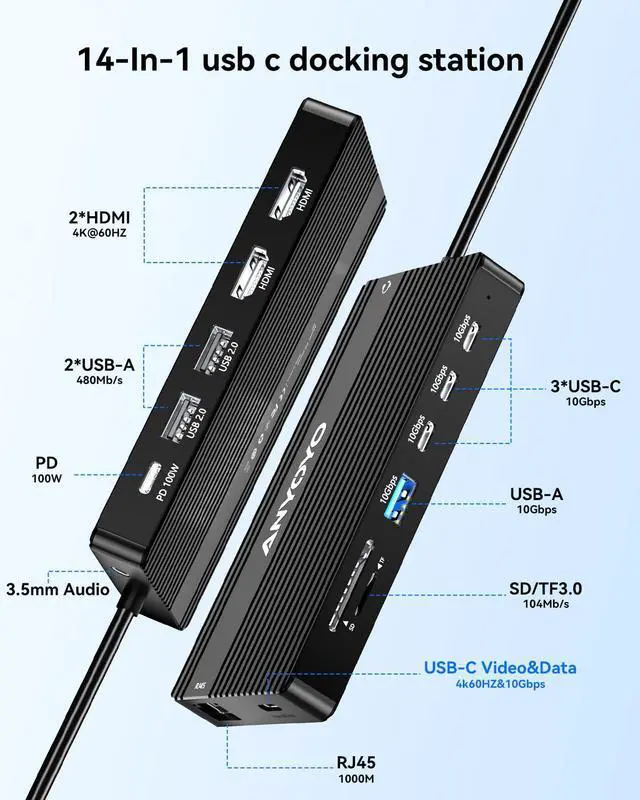Alt view image 2 of 5 - ANYOYO USB C Docking Station Dual Monitor 4K60HZ, 14-in-1 Docking Station 3 Monitor(2 HDMI+USB C Video Out),10Gbps(4*USBC+1A),PD100W,1G Ethernet, Laptop Dock for Dell,HP, Lenovo,USBC Monitor