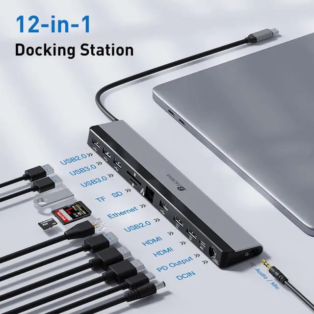 Alt view image 2 of 5 - 2025 Updated Universal Docking Station 100W PD Charger - Supports 3 Displays, Dual Monitor Laptop Hub for Mac&PC, USB-C VMM Support Multi Port - USB C USB A HDMI 1Gbps Ethernet Micro SD/TF& Audio Port