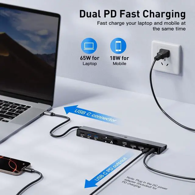 Alt view image 3 of 5 - 2025 Updated Universal Docking Station 100W PD Charger - Supports 3 Displays, Dual Monitor Laptop Hub for Mac&PC, USB-C VMM Support Multi Port - USB C USB A HDMI 1Gbps Ethernet Micro SD/TF& Audio Port