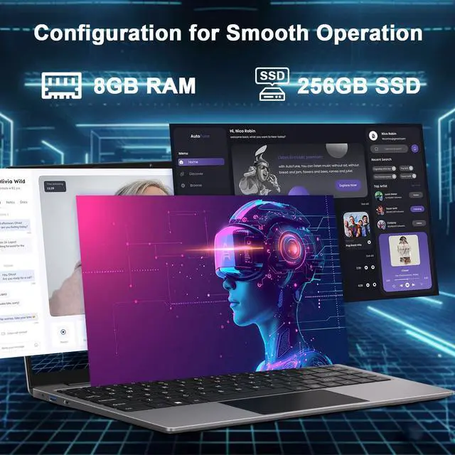 Alt view image 2 of 5 - bvate Laptop Win 11 14" 256GB SSD Up to 1TB SSD Expand Celeron N4020 Up to 2.8Ghz Dual-Core Processor 8GB DDR4 1920x1080 FHD Dual WiFi BT4.2 with Webcam Screen Projection Function for Business-Gray