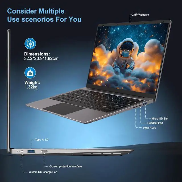 Alt view image 5 of 5 - bvate Laptop Win 11 14" 256GB SSD Up to 1TB SSD Expand Celeron N4020 Up to 2.8Ghz Dual-Core Processor 8GB DDR4 1920x1080 FHD Dual WiFi BT4.2 with Webcam Screen Projection Function for Business-Gray
