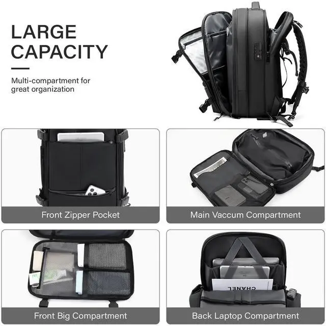 Alt view image 4 of 5 - FABIEN CHERON Airback Backpack,60L Expandable Vacuum Backpack Travel with TSA Lock,17.3 inch Laptop Backpacks Vacpack Backpacks with Vacuum(Black,No Air Pump)