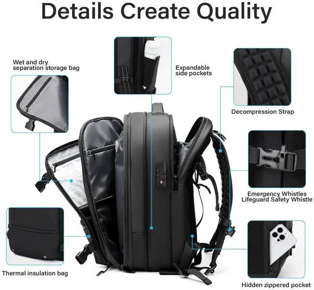 Alt view image 5 of 5 - FABIEN CHERON Airback Backpack,60L Expandable Vacuum Backpack Travel with TSA Lock,17.3 inch Laptop Backpacks Vacpack Backpacks with Vacuum(Black,No Air Pump)