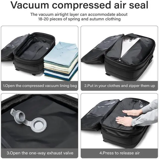 Alt view image 3 of 5 - FABIEN CHERON Airback Backpack,60L Expandable Vacuum Backpack Travel with TSA Lock,17.3 inch Laptop Backpacks Vacpack Backpacks with Vacuum(Black,No Air Pump)