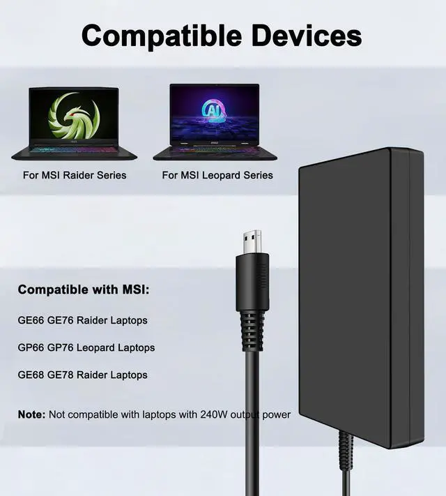 Alt view image 2 of 5 - 230W Charger for MSI GE66 GE68 GE76 GE78 Raider GP76 GP66 Leopard Gaming Laptop Power Adapter 20V-11.5A Square Tip