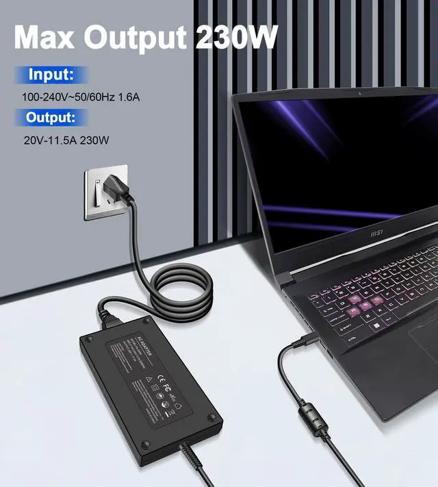 Alt view image 5 of 5 - 230W Charger for MSI GE66 GE68 GE76 GE78 Raider GP76 GP66 Leopard Gaming Laptop Power Adapter 20V-11.5A Square Tip