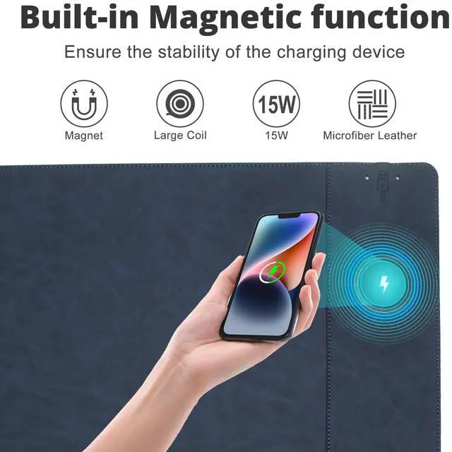 Alt view image 2 of 5 - Magnetic Wireless Charging Desk Mat, 23.4"x15.6" Large Office Mouse Pad, Microfiber Leather Mouse Mat with Ultra-Smooth Surface, Waterproof Computer Keyboard Desk Mat for Office & Home, Laptop, Blue