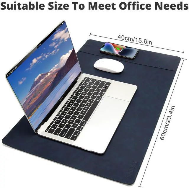 Alt view image 4 of 5 - Magnetic Wireless Charging Desk Mat, 23.4"x15.6" Large Office Mouse Pad, Microfiber Leather Mouse Mat with Ultra-Smooth Surface, Waterproof Computer Keyboard Desk Mat for Office & Home, Laptop, Blue