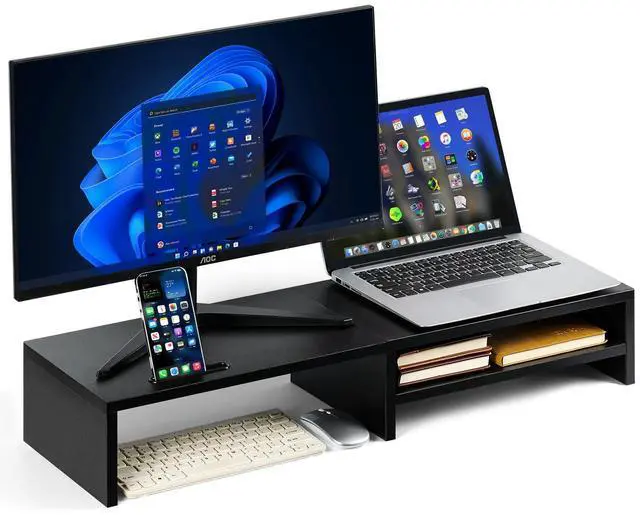 Main image of HUVIBE Dual Monitor Stand Riser - Wooden Dual Display Stand for Desk, 31.5" Monitor Shelf with Storage Drawer, Computer Organizer for Office Desk, Home Office or Gaming Setup (Black)