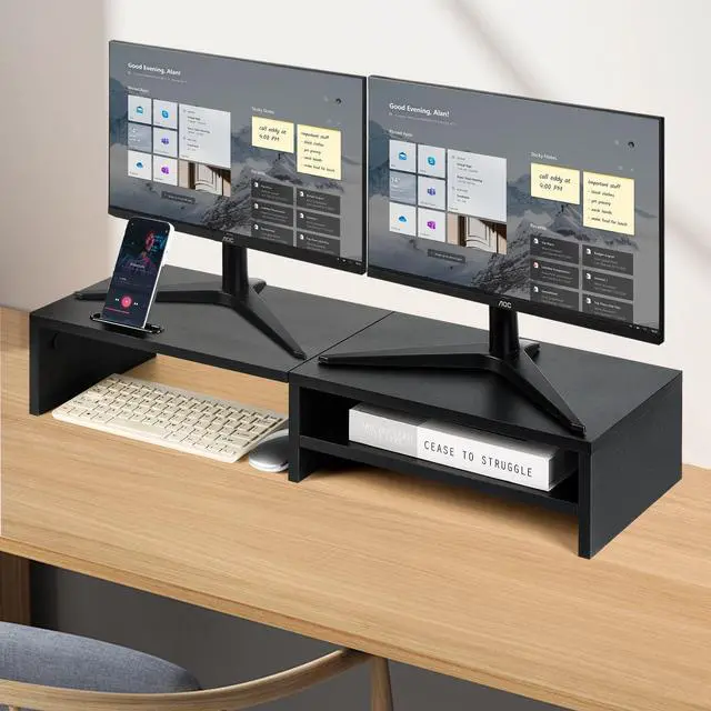 Alt view image 2 of 5 - HUVIBE Dual Monitor Stand Riser - Wooden Dual Display Stand for Desk, 31.5" Monitor Shelf with Storage Drawer, Computer Organizer for Office Desk, Home Office or Gaming Setup (Black)