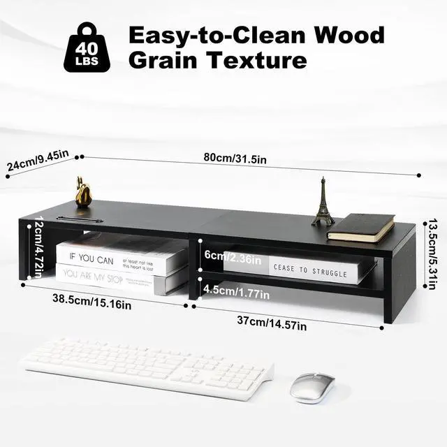Alt view image 5 of 5 - HUVIBE Dual Monitor Stand Riser - Wooden Dual Display Stand for Desk, 31.5" Monitor Shelf with Storage Drawer, Computer Organizer for Office Desk, Home Office or Gaming Setup (Black)