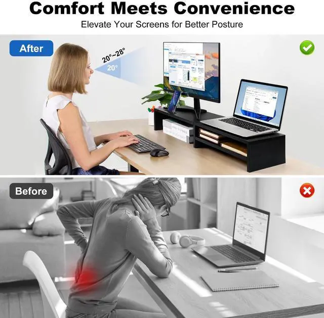 Alt view image 4 of 5 - HUVIBE Dual Monitor Stand Riser - Wooden Dual Display Stand for Desk, 31.5" Monitor Shelf with Storage Drawer, Computer Organizer for Office Desk, Home Office or Gaming Setup (Black)