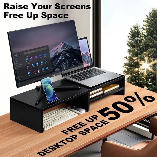 Alt view image 3 of 5 - HUVIBE Dual Monitor Stand Riser - Wooden Dual Display Stand for Desk, 31.5" Monitor Shelf with Storage Drawer, Computer Organizer for Office Desk, Home Office or Gaming Setup (Black)