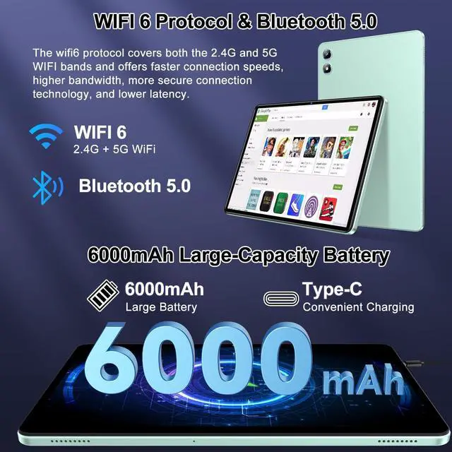 Alt view image 4 of 5 - 2025 Android 14 Tablet 20GB RAM 128GB ROM 1TB Expand, 10 Inch Octa-Core Tablets with 5G WIFI 6, Tablet with Keyboard, Mouse, Case, 6000mAh Battery, HD IPS Display, Widevine L1, Split Screen -Green