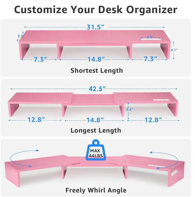 Alt view image 3 of 5 - La Jaco Dual Monitor Stand Riser for 2 Monitors, Monitor Stand for Desk, Adjustable Length & Swivel Angle Wooden Desktop Organizer Stand Riser with Smartphone Holder for PC Monitor Laptop, Pink