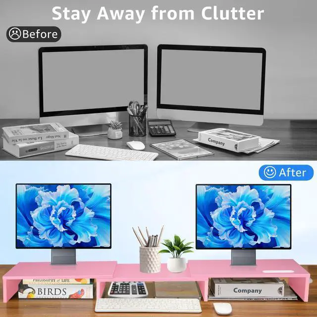 Alt view image 2 of 5 - La Jaco Dual Monitor Stand Riser for 2 Monitors, Monitor Stand for Desk, Adjustable Length & Swivel Angle Wooden Desktop Organizer Stand Riser with Smartphone Holder for PC Monitor Laptop, Pink