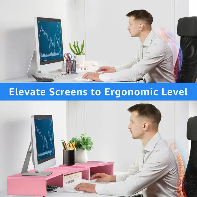 Alt view image 4 of 5 - La Jaco Dual Monitor Stand Riser for 2 Monitors, Monitor Stand for Desk, Adjustable Length & Swivel Angle Wooden Desktop Organizer Stand Riser with Smartphone Holder for PC Monitor Laptop, Pink